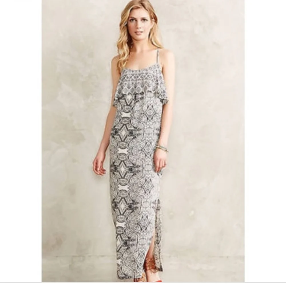 Anthropologie Fliese Maxi Dress Vanessa Virginia Wmns 2 Beaded Trim Flounce 158 - Picture 7 of 9